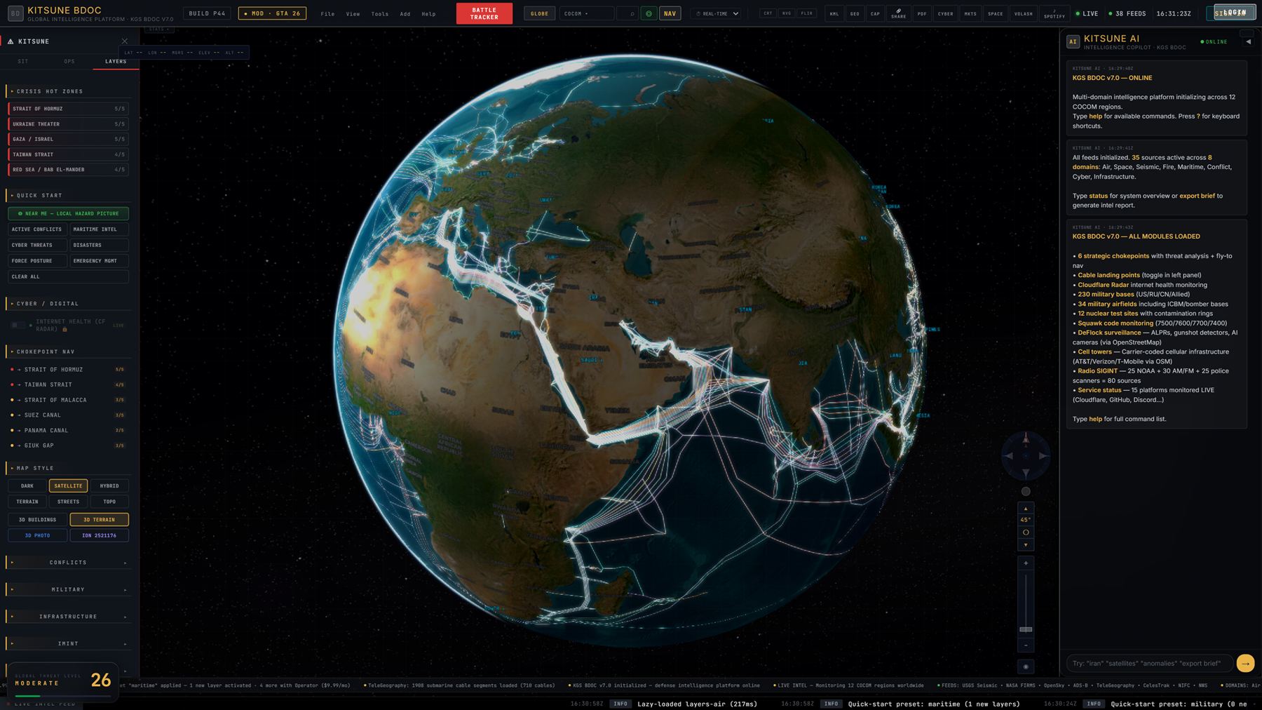 Submarine cable routes rendered across a satellite basemap globe — 1,908 cable segments from the maritime layer bundle