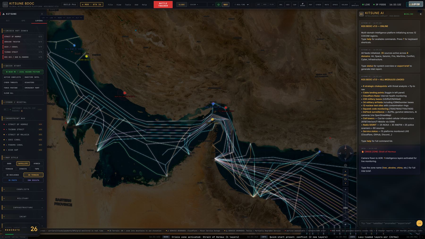 Strait of Hormuz theater after a crisis-zone fly-to — cable routes, energy infrastructure and threat markers across the Gulf, with the copilot logging the camera move